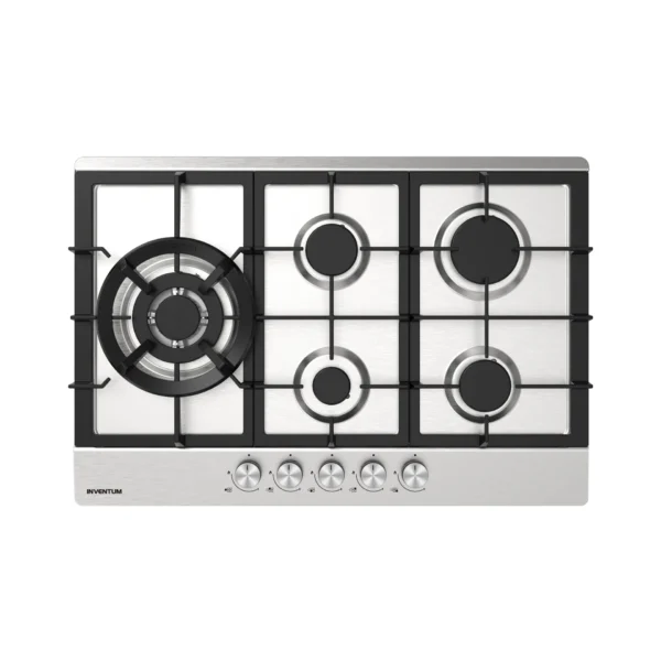 Inventum IKG7523WGRVS - Inbouw gaskookplaat, rvs, 75 cm, gietijzeren pandragers, wok, wokring